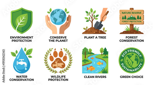 Vector illustration shows eco friendly symbols for conservation and protection of nature and environment with icons like globe, tree, water drop and animals in a vector style graphic.