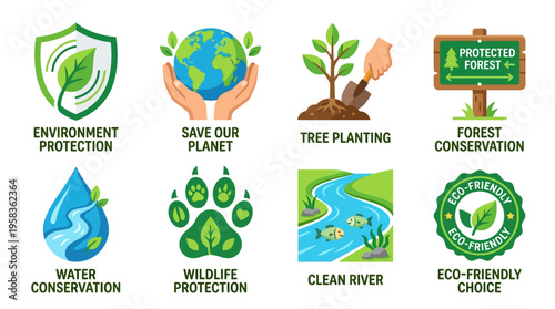 Eco friendly vector icons illustrate environmental protection and conservation efforts globally.