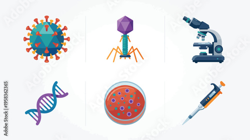 Microbiology Science Icon Set in Flat Vector Style. A collection of biology icons, including virus, bacteriophage, microscope, DNA helix, petri dish, pipette, genetics