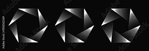 Collection of monochrome optical illusion geometric elements. Blend speed lines in hexagon form. Design element for logo, prints, template or posters. Vector illustration