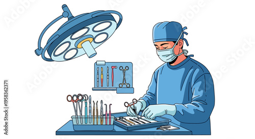 Surgeon in sterile scrubs and mask preparing for operation.