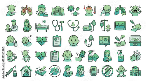 Pediatric Respiratory Health Icon Set in Linear Style. A collection of baby illness linear icons, including coughing, virus, fever, oxygen mask, nebulizer, nurse, clinics