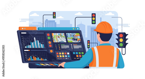 Traffic control system operator monitoring city traffic flow.