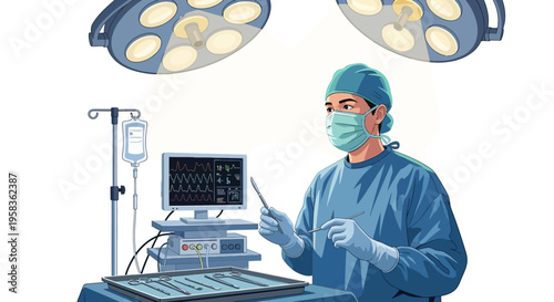 Surgeon in sterile operating room with medical equipment.