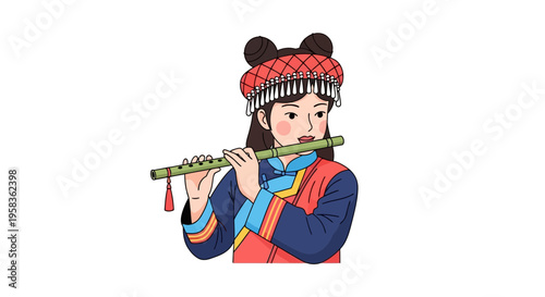 Traditional Chinese girl playing a bamboo flute in a folk art style, dressed in colorful cultural attire, expressing serene musical performance, and gentle smiling