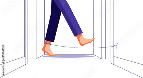A minimalist line art drawing of a woman's legs walking through a glass elevator or a revolving door with a modern architectural style in a business or office context.