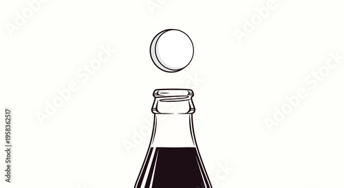 Black and white minimalist line art drawing of a glass bottle with a floating stopper on a plain background, simple vector graphic design element