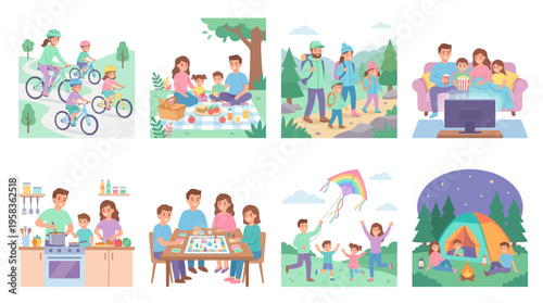 Family enjoying outdoor activities with vector graphics of people cycling, having a picnic, and playing in a park with kids.