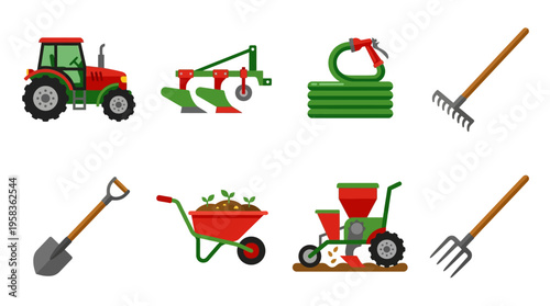 Vector graphics of farming tools and equipment in a rustic outdoor setting with tractor, wheelbarrow, and lawn mower.