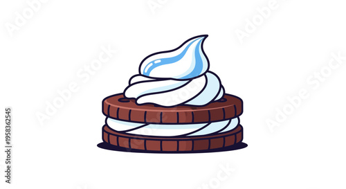 A whimsical digital cartoon illustration of a chocolate tart with whipped cream topping on a white background, rendered in a playful graphic style reminiscent of children's book art.