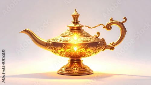 Ornate, golden magic lamp with handle and lid on a bright surface