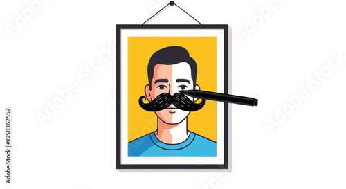 Cartoon man with a fake mustache on a framed portrait, humorous pop art style, comedic prop, funny facial hair, playfulness