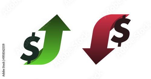 Arrow up and down with dollar sign. Gradient colour logo design. Design concept for banking, credit, interest rate, finance and money sphere. Vector illustration 