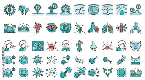 Respiratory Infection Icon Set in Hand-Drawn Style. A collection of medical Linear Icons, including virus, lungs, cough, inflammation, fever, immune system, cell, and more. Editable Stroke.