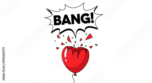 Exploding Red Heart Balloon Pop Comic Style Sound Effect Word Art Isolated on White Background