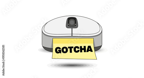 Computer Mouse Device with Yellow Sticky Note Message Symbolizing Unexpected Discovery or Trap Concept Isolated on White