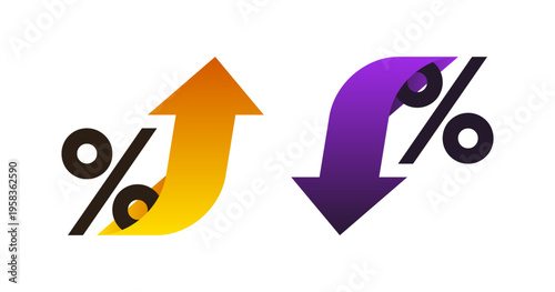 Arrow up and down with percentage sign. Gradient colour logo design. Design concept for banking, credit, interest rate, finance and money sphere. Vector illustration 