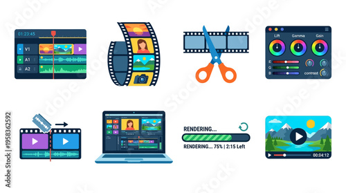 A vector graphic illustration of various video editing software interfaces and tools on multiple devices.