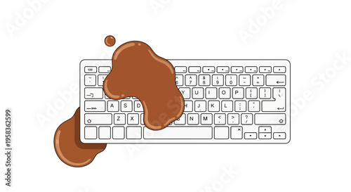 Accidental Spill of Brown Liquid Causing Damage to a Modern White Computer Keyboard Concept