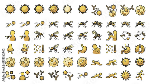 Dengue Fever Icon Set in Sketched Style. A collection of health icons, including mosquito, virus, fever, antibody, sickness, immune, biting, blood, symptom, malaria