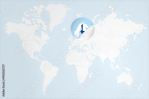 Finland Map with Flag in Magnifying Glass on World Map Background