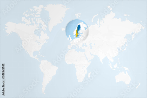 Sweden Map with Flag in Magnifying Glass on World Map Background