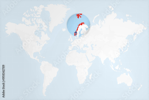 Norway Map with Flag in Magnifying Glass on World Map Background