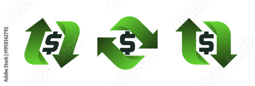 Money exchange logo design with dollar sign and arrows. Financial services, cash back concept, money refund, investment, currency exchange. Vector illustration.