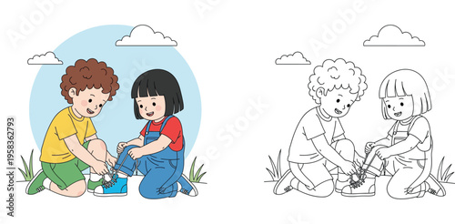 Cute Boy Helping Girl Tie Her Shoelaces Vector Illustration, Childhood Kindness and Learning Concept with Coloring Book Page and Colored Version for Children Education Activity (182 characters)