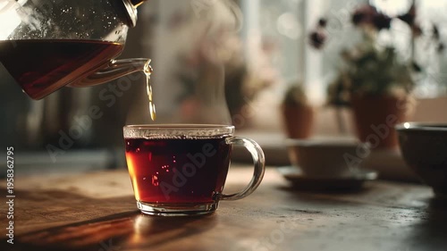 Warm tea flows into a clear cup, creating beautiful waves of color. Sunlight streams through the windows, illuminating a cozy cafe filled with greenery.