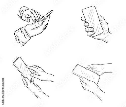 Hands holding a phone, hand-drawn sketch. Vector illustration. Isolated on a white background. The phone is in the palms, typing a message. Not AI.