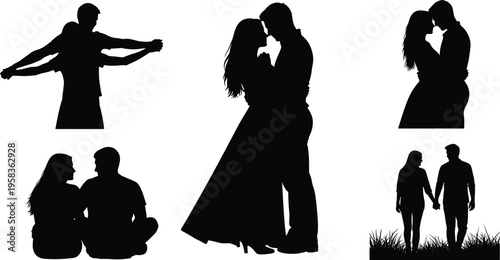 Romantic silhouette collection of loving couples in various poses including hugging, walking, and sitting for Valentine's Day and wedding designs.