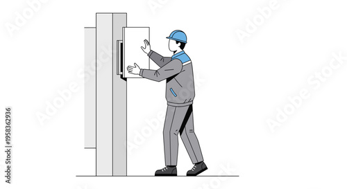 A male worker in a blue hard hat and gray uniform is installing a white electrical panel onto a gray vertical structure.