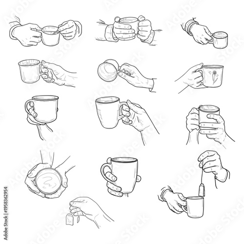 A hand holding a cup of coffee or hot tea, hand-drawn sketch. Vector illustration. Line drawing isolated on background. Concept for takeaway food and coffee shops, coffee shops, and quick breakfasts.