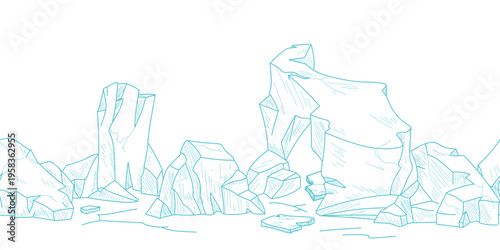 Iceberg on a seamless horizontal border, simple line drawing, hand sketch. Vector illustration. Arctic ice floes isolated on a white background. Not AI.