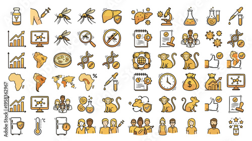 Infectious Disease Research Icons in Hand-drawn Style. A collection of linear icons including mosquito, syringe, liver, virus, DNA, monkey, mouse, microscope, globe, vaccine