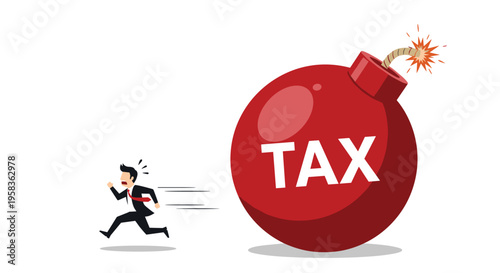 A frantic businessman is running away from a large red bomb labeled TAX with a lit fuse against a plain white background.