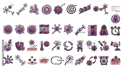 Viral Infection and Neural Latency Icon Set in Sketch Style. A collection of Herpes Virus Icons, Including herpes, neuron, latency, outbreak, cell, skin, symptoms, medicine