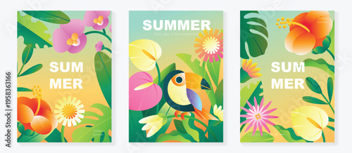 Summer tropical poster vector set with toucan bird, hibiscus flowers, plumeria, tropical leaves and botanical jungle elements. Bright exotic summer wall art design for poster, print, home decor and se