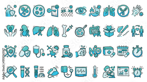 Viral Infection and Medical Icon Set in Hand-Drawn Style. A collection of Health Linear Icons, Including virus, immune system, liver, lungs, kidney, pills, DNA, viral load