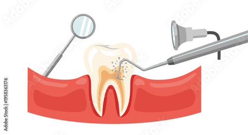 A cross-section illustration shows dental tools cleaning plaque and tartar from a human tooth embedded in gum tissue.