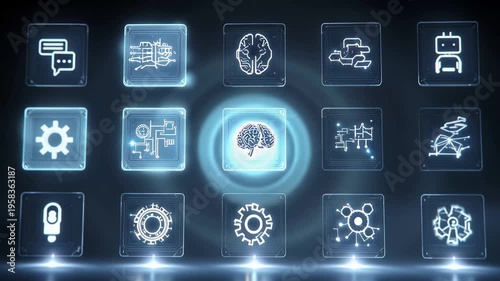 A captivating journey through a world of vibrant digital icons showcasing various aspects of artificial intelligence. Experience the innovation behind smart technology and automation.