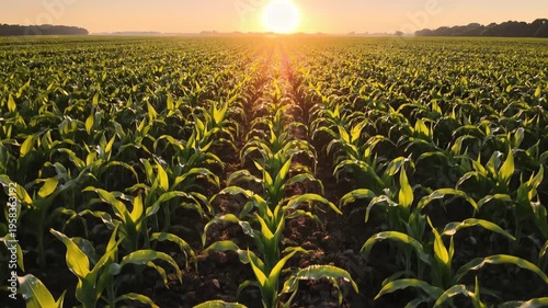 Golden sun rays illuminate vibrant young corn plants thriving in a vast field for special earth day.