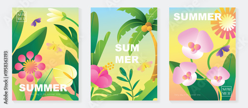 Summer tropical poster vector set with orchid flowers, hibiscus bloom, plumeria blossom, palm tree, botanical leaves and exotic garden elements. Bright seasonal wall art design for poster, print, card