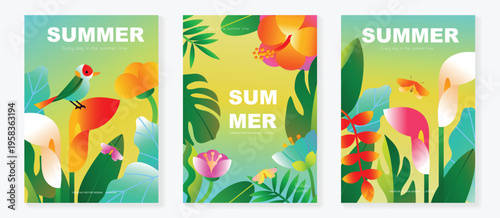 Summer tropical poster vector set with bird, hibiscus flower, calla lily, heliconia bloom, botanical leaves and exotic garden elements. Bright seasonal wall art design for poster, print, card and home