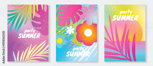 Summer tropical poster vector set with orchid flowers, hibiscus bloom, plumeria blossom, palm tree, botanical leaves and exotic garden elements. Bright seasonal wall art design for poster, print, card