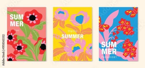 Spring summer floral poster vector set with daffodil flowers, daisy blooms, wildflowers and cheerful botanical garden elements on bright colorful backgrounds. Cute seasonal wall art design for poster