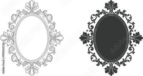 Set of two vintage baroque oval frames featuring ornate filigree scrollwork in black line art and solid silhouette vector designs.
