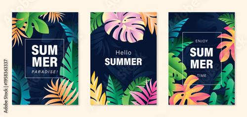 Summer tropical poster vector set with monstera leaves, palm foliage and neon botanical jungle elements on dark background. Vibrant exotic summer wall art design for poster, print, card and home decor
