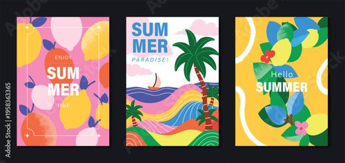 Summer poster vector set with citrus fruits, lemon pattern, tropical beach landscape, palm trees, ocean waves and botanical leaves. Bright colorful seasonal wall art design for poster, print, card.